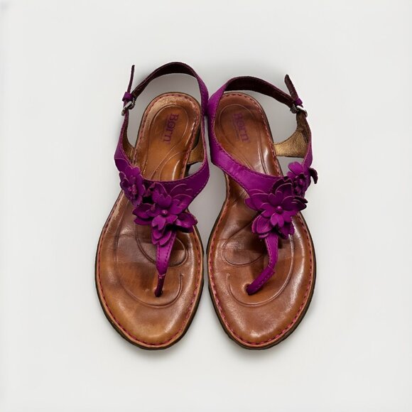 Børn Shoes - Women's Born Purple Leather Floral Thong Open Toe Side Buckle Sandals Size 8